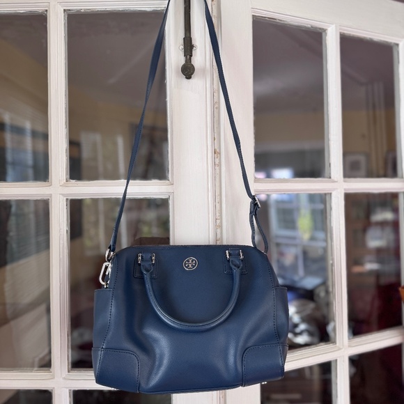 Tory Burch Saffiano Leather Satchel / Crossbody Hand Bag Purse Blue / Navy EUC - Picture 2 of 13